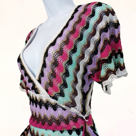 Guess Vintage Zig Zag Stretchy Metallic Gold Knit Fabric Belt Mini Dress Size S - Picture 5 of 16